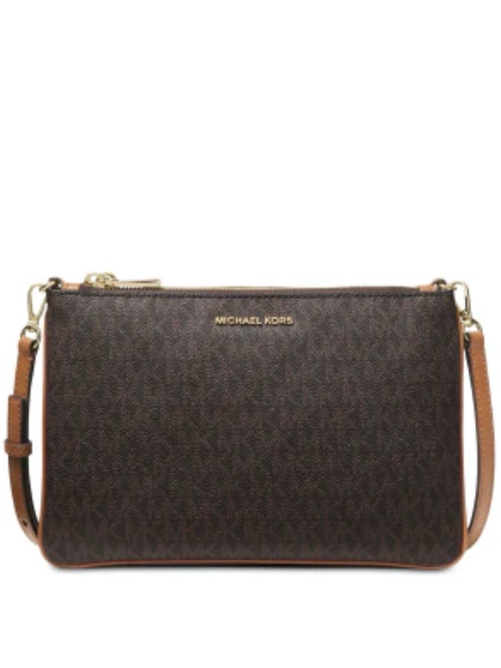 Michael Kors Brown Logo Double Pouch Crossbody with Tan Trim